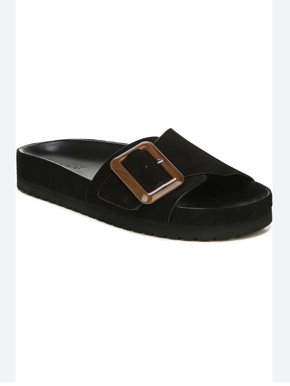 Vince Grant Black Suede Slide Sandal with Tortoise Shell Buckle